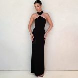 Black Halter Neck Cut Out Women'S Evening Party Luxury Dress