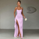 Purple Straps Low Cut Bodycon V Neck Lace Up Bandage Slit Evening Long Dress