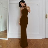 Brown Halter Neck Cut Out Women'S Evening Party Luxury Dress