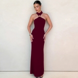 Claret Halter Neck Cut Out Women'S Evening Party Luxury Dress