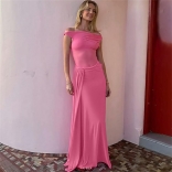 Rose Red One Shoulder Sleeveless Mesh See Through Pleated Sexy Party Women Maxi Dress