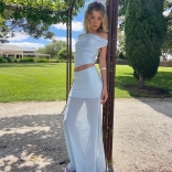 SkyBlue Two Pieces Mesh Pleated Elegant Women Long Summer Dress