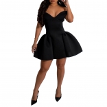 Black Off Shoulder Low Cut Summer Evening Party Puffy Short Skirt