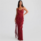 Claret Straps V Neck Lace See Through Hollow Out Women Evening Dress