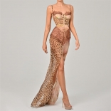 Coffee Luxury Women's Straps Printed Leopard Lace Chiffon Evening Party Dress
