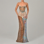 Blue Luxury Women's Straps Printed Leopard Lace Chiffon Evening Party Dress