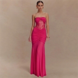 Rose Red Off Shoulder Lace Hollow Out Mesh See Through Elegant Women Maxi Dress