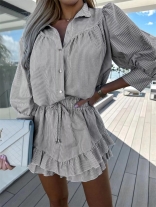 Gray Two Pieces Striped Printed Women Casual Summer Short Sets