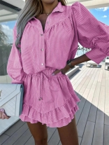 Pink Two Pieces Striped Printed Women Casual Summer Short Sets