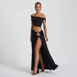 Black Off Shoulder Two Pieces Sexy Cut Out Street Wear Party Maxi Dress