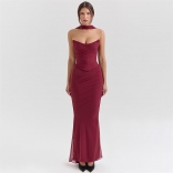 Claret Off Shoulder Mesh Pleated Two Pieces Corset Lace Up Elegant Bodycon Dress Set with Scarf