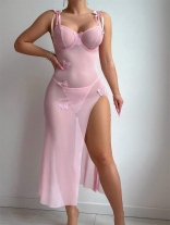 Pink Sexy Perspective Mesh Seductive Embroidery Lace Slit Lingerie Underwear