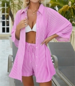 Pink Casual Striped Shirt Tops Lace Up Sexy Summer Casual Short Sets