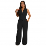 Black V Neck Irregular Suits Button Elegant Wide Leg Women Jumpsuit Dres