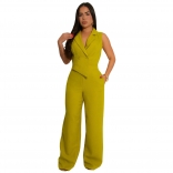 Green V Neck Irregular Suits Button Elegant Wide Leg Women Jumpsuit Dres