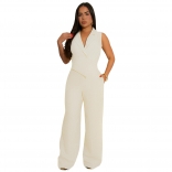 Beige V Neck Irregular Suits Button Elegant Wide Leg Women Jumpsuit Dres