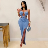 Blue Straps Bandage Snatched Knitted Women Party Maxi Dress