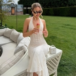 Apricot Halter V Neck Lace Sexy Pleated Waist Prom Evening Maxi Dress