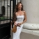 White Straps Low Cut Ruffles Lace See Through Sexy Evening Party Long Dress