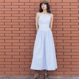 Blue Sleeveless Printed Striped Summer Women Street Wear Skirt Dress