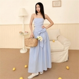 Blue Striped Printed Sleeveless Luxury Girl's Sweet Maxi Dress