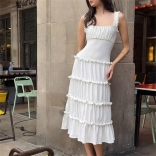 White Straps Low Cut Ruffles Women Fashion Hollow Midi Dress