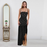 Black Straps Diamonds Elegant Mesh Pleated Sexy Party Formal Maxi Dress