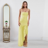 Yellow Straps Diamonds Elegant Mesh Pleated Sexy Party Formal Maxi Dress