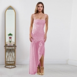 Pink Straps Diamonds Elegant Mesh Pleated Sexy Party Formal Maxi Dress