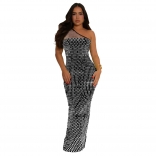 Black Mesh One Shoulder Diamonds Bodycon Luxury Women Evening Prom Long Dress
