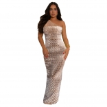 Beige Mesh One Shoulder Diamonds Bodycon Luxury Women Evening Prom Long Dress