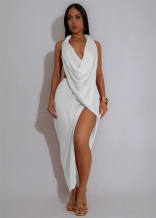 White Halter Sexy Backless V Neck High Slit Pleated Party Midi Dress