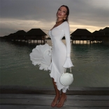 White Long Sleeve Mesh Single-Breasted Evening Ruffles Elegant Long Dress