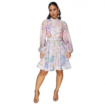 Light Pink Printed Floral Single Breasted Elegant Skirt Mini Dress with Belt