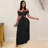 Black Off Shoulder Halter Mesh Cut Out Bodycon Party Club Long Dress