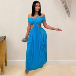Blue Off Shoulder Halter Mesh Cut Out Bodycon Party Club Long Dress