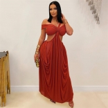 Drak Red Off Shoulder Halter Mesh Cut Out Bodycon Party Club Long Dress