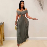 Gray Off Shoulder Halter Mesh Cut Out Bodycon Party Club Long Dress