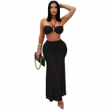 Black Crop Tops Halter Sexy Mesh See Through Pleated Bodycon Long Dress