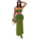Green Crop Tops Halter Sexy Mesh See Through Pleated Bodycon Long Dress