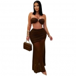 Coffee Crop Tops Halter Sexy Mesh See Through Pleated Bodycon Long Dress