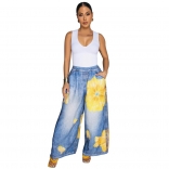 Yellow Flowers Women's Fashion Printed Floral Pant Trousers