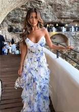 Blue Straps Printed Flowers Mesh Chiffon Summer Vacation Long Dress