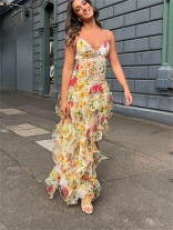 Yellow Straps Printed Flowers Mesh Chiffon Summer Vacation Long Dress