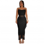 Black Straps Sleeveless Crop Tops Knitted Tassels Irregular Midi Skirt Dress Sets
