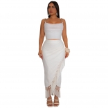 White Straps Sleeveless Crop Tops Knitted Tassels Irregular Midi Skirt Dress Sets
