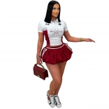 Red Short Sleeve Lace Fashion Crop Tops Pleated Short Party Skirt Dress