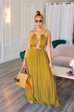 Yellow Halter Hollow Out Sleeveless Party Backless Solid Club Maxi Dress