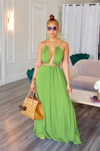 Green Halter Hollow Out Sleeveless Party Backless Solid Club Maxi Dress