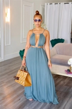 Blue Halter Hollow Out Sleeveless Party Backless Solid Club Maxi Dress